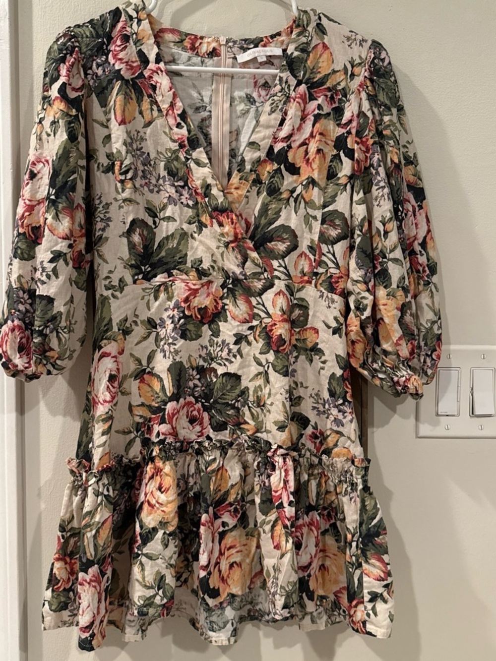Olivaceous Cream Floral V-Neck Tiered Mini Dress with Green & Pink Blooms